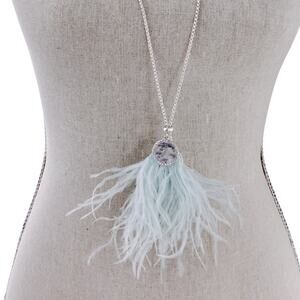 VTG Signed Carol Dauplaise Necklace Silver Tone Light Blue Feathers, Y2K Boho